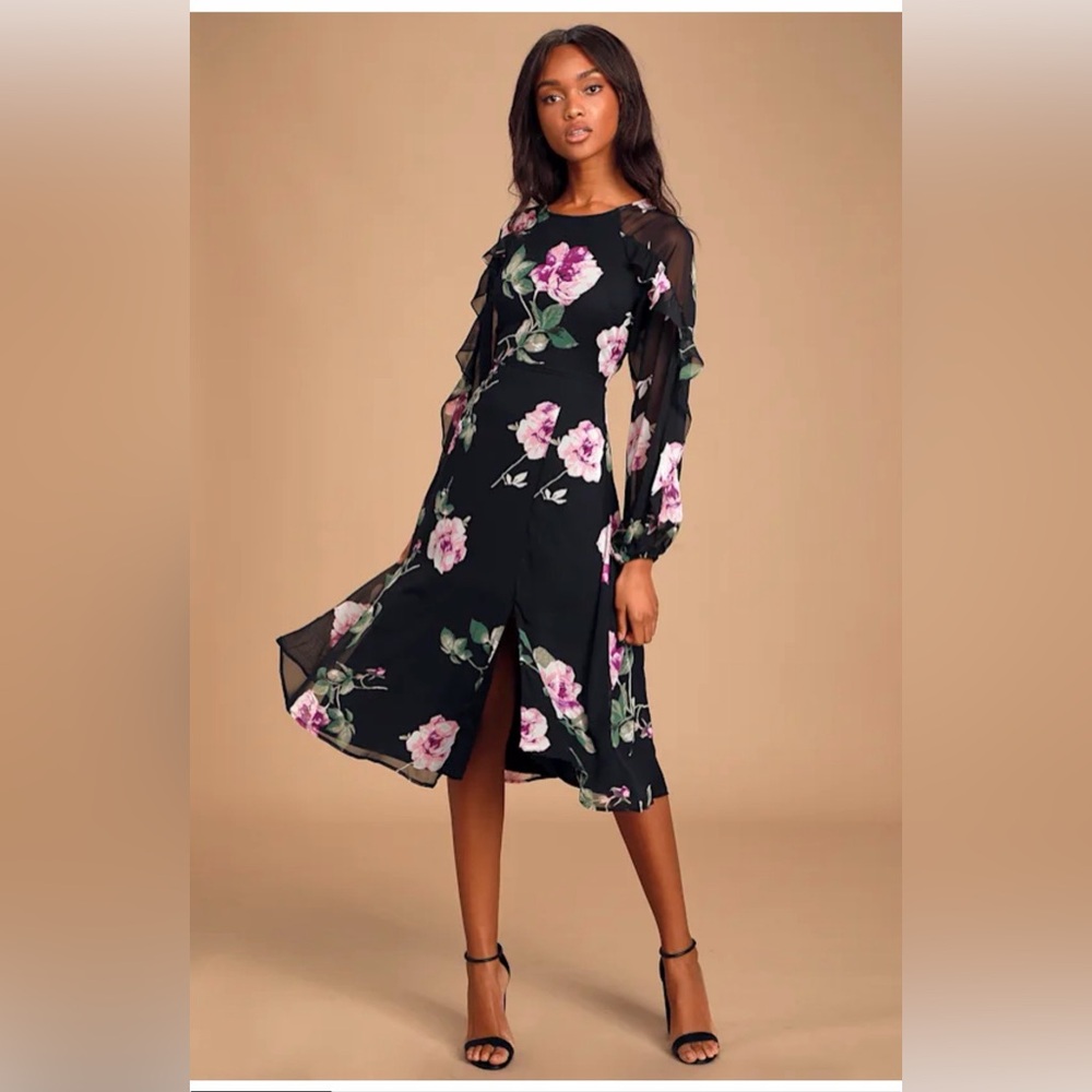 Lulu's Black Floral Long Sleeve Dress